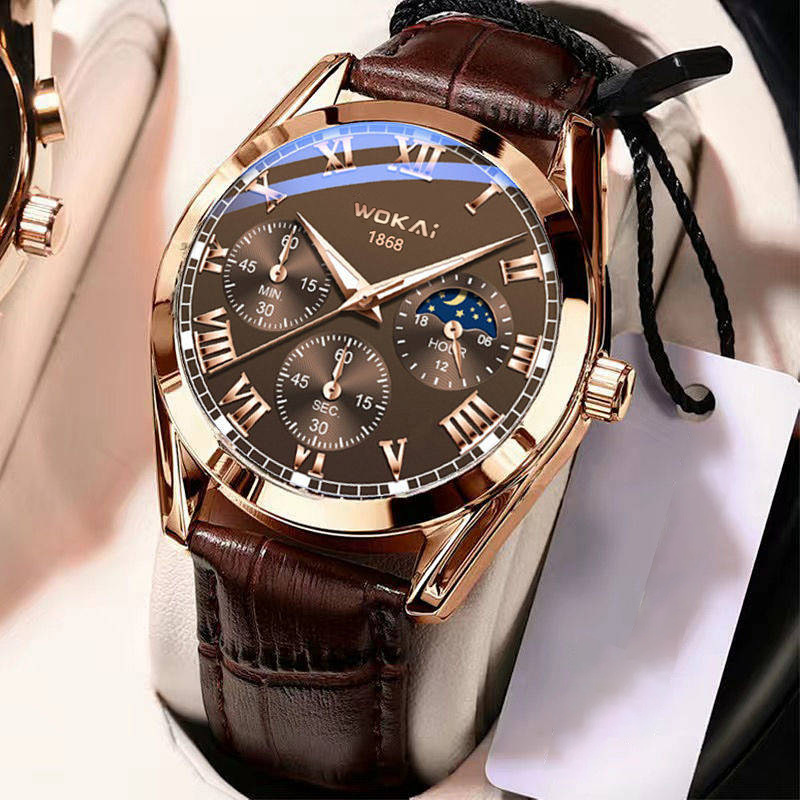 brand fashion all-match calendar-free automatic men's watch luminous waterproof fake three eyes and six needles quartz wrist watch full figure