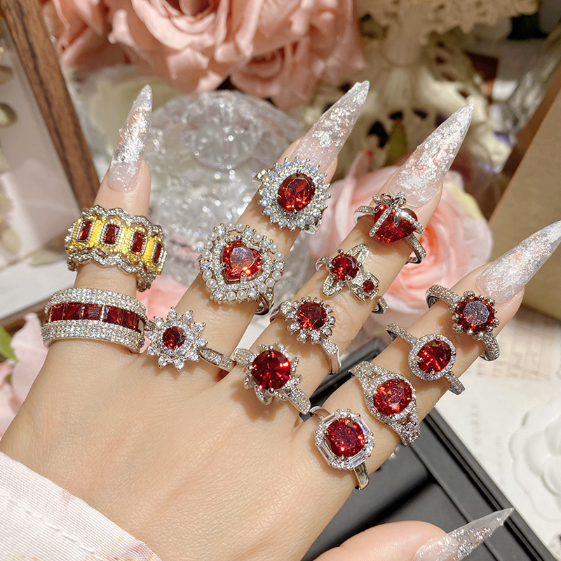 camellia luxury colored gems imitation ruby ring female medieval design lady dinner party red corundum all-match earrings Application Scenario