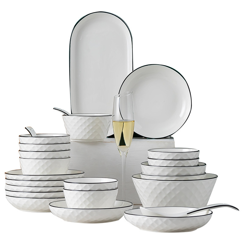 dishes wholesale creative ceramic rice bowl household big soup bowl noodle bowl plate set tableware set gift diamond pattern Item Picture