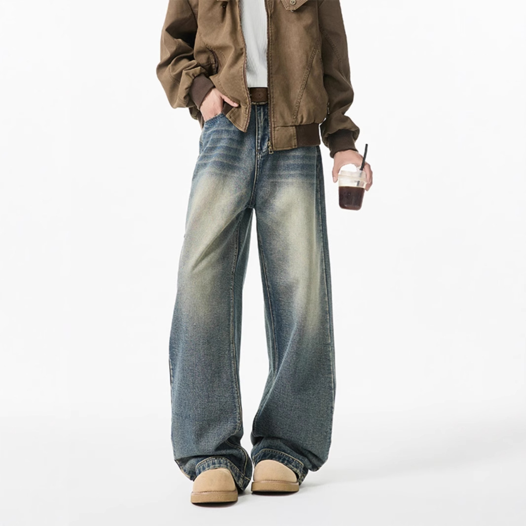 american-style cleanfit wide-leg jeans men's spring and autumn straight loose trousers pu handsome high-grade sense boys pants fashion full figure