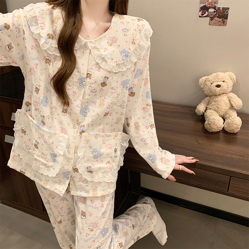 new cartoon lace doll collar cloud cotton long-sleeved pajamas women's spring and autumn winter sweet home wear wholesale details Picture