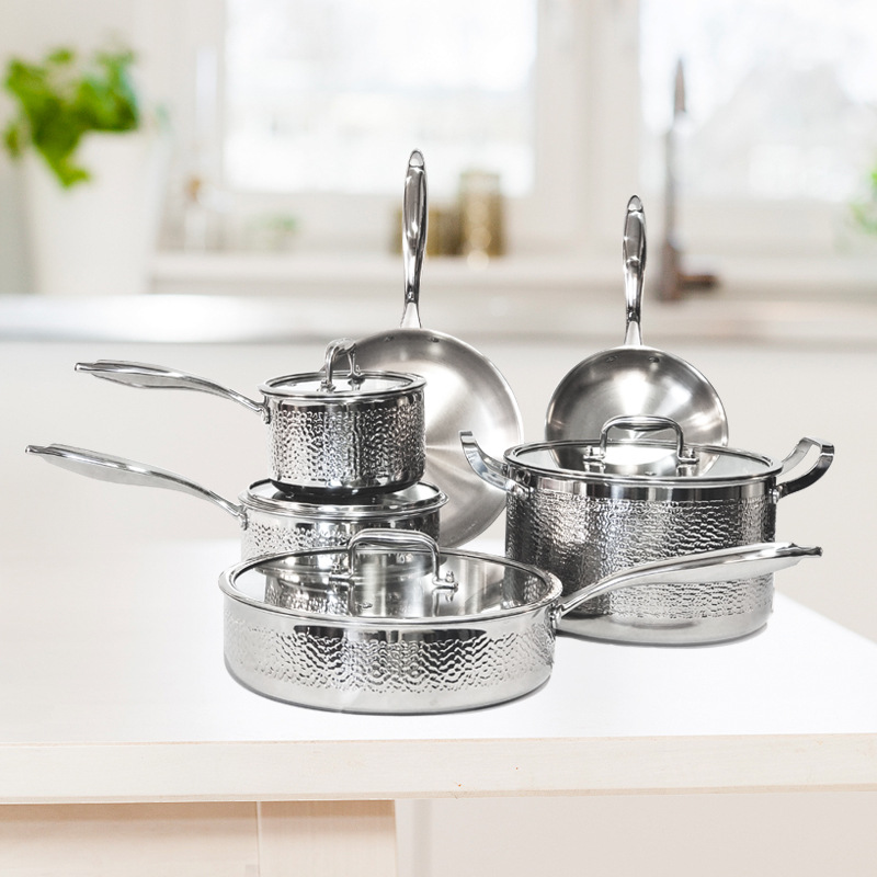 304 three-layer steel hammer pattern set pot non-stick non-coated soup pot milk pot frying pan kitchen practical gift pot full figure