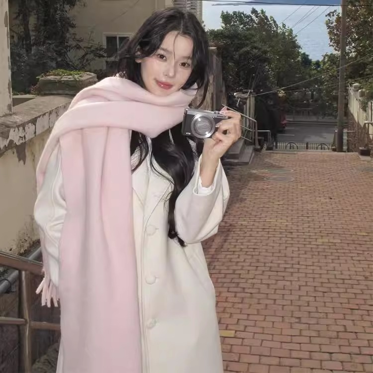 light pink soft glutinous fluffy solid color scarf women's autumn and winter thickened cashmere shawl korean warm scarf all-matching full figure