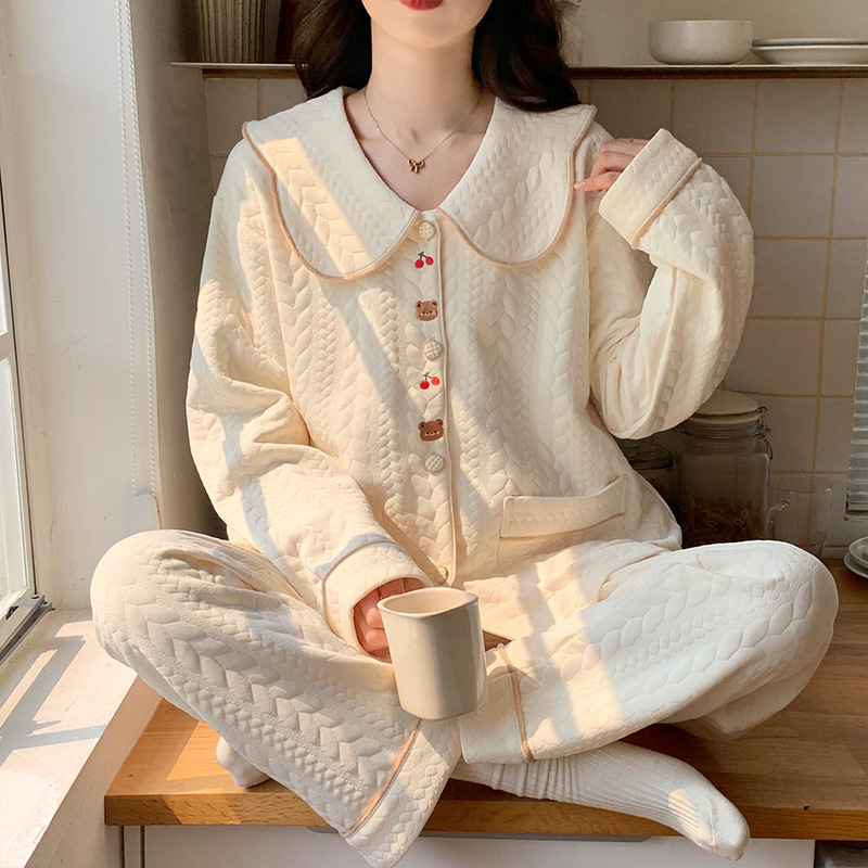 pajamas women's autumn and winter air cotton interlayer spring and autumn new long-sleeved thickened women's cute home wear suit full figure