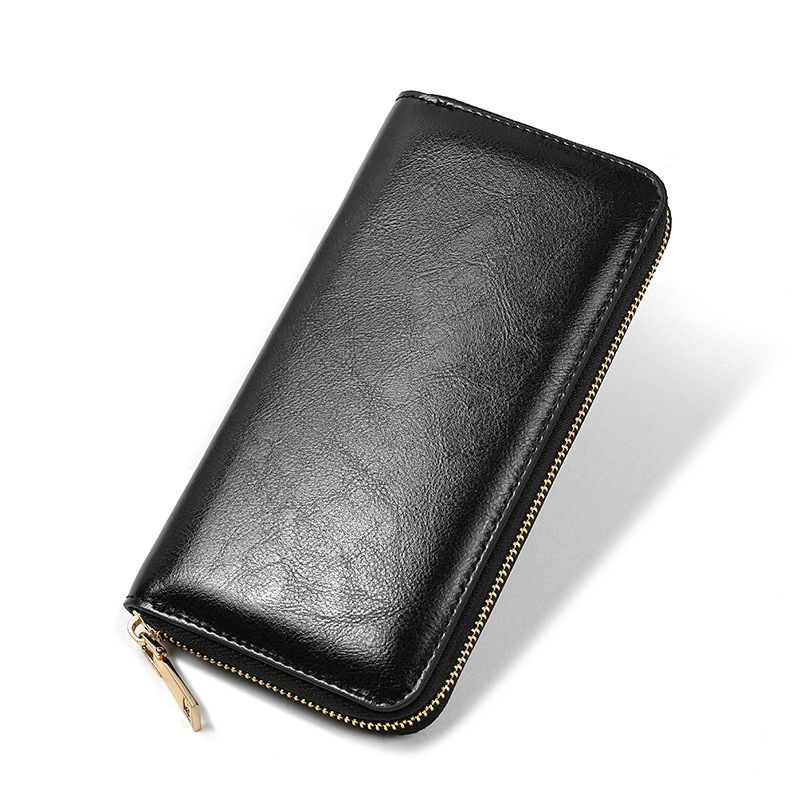 factory wholesale new oil wax grain cowhide women's zip wallet long genuine leather large capacity handbag one piece dropshipping Item Picture