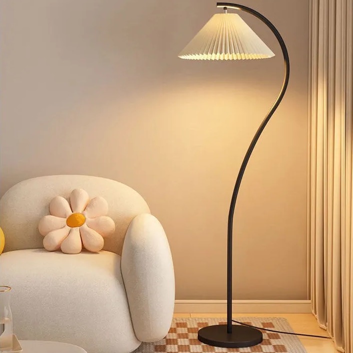 french vintage floor lamp retro cream living room bedroom bedside vertical table lamp japanese style pleated ambience light details Picture