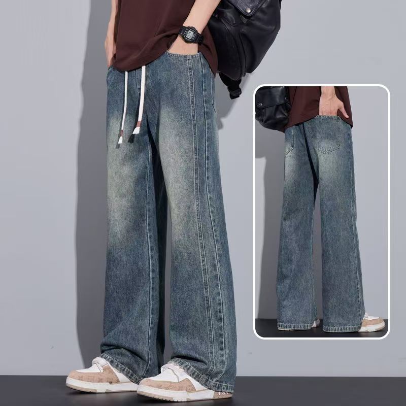 skinny jeans men's 2025 new loose straight machete autumn and winter fleece-lined youth elastic waist long pants full figure