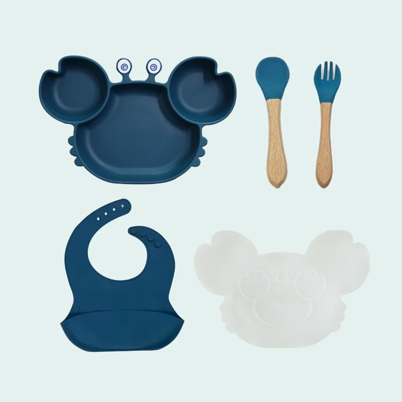 children's tableware set compartment dinner plate silicone baby drop proof suction cup solid food tools feeding spork food grade details Picture