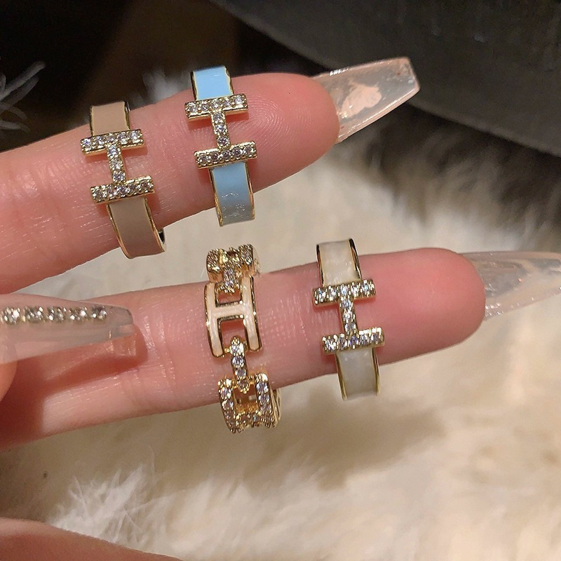 letter h light luxury enamel micro setting ring female dripping 18k gold high sense switchable index finger ring unique niche ring full figure
