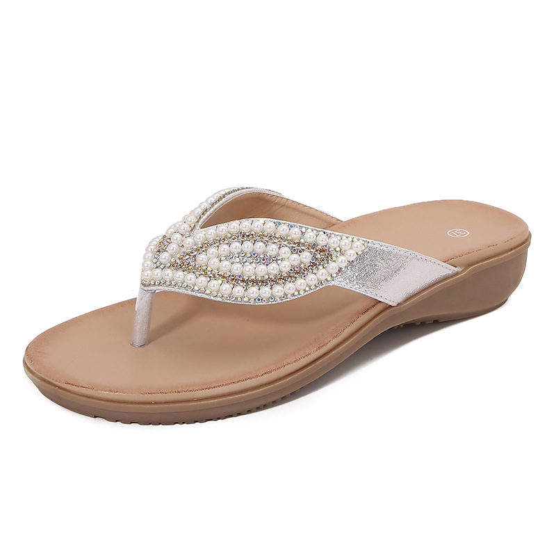 spring 2025 new bohemian sandals round toe flat bottom sandals women's rhinestone cross-border plus size women's sandals full figure