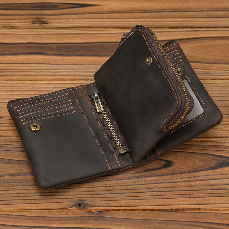 new vintage leather short wallet with zipper coin pocket snap button wallet crazy horse leather two fold multiple card slots wallet full figure