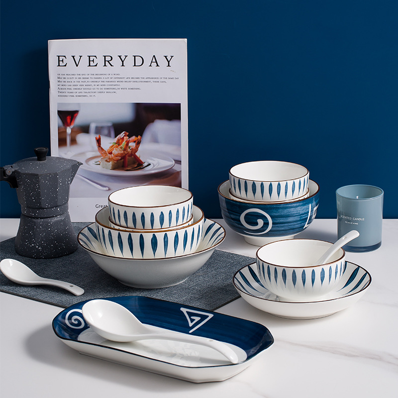 japanese style bowl dish & plate tableware set household jingdezhen underglaze ceramic fish plate wholesale noodle bowl soup bowl details Picture