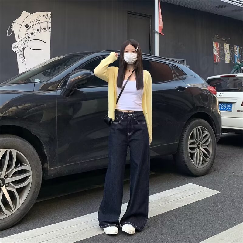 retro dark blue straight jeans for women 2025 new spring high waist loose and slimming drooping wide-leg pants full figure