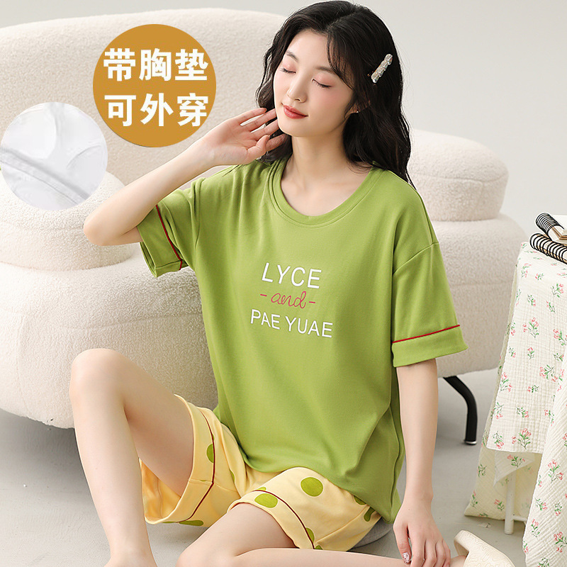 women's cotton pajamas with chest pad summer short sleeve thin homewear suit cute cartoon casual suitable for daily wear suit full figure