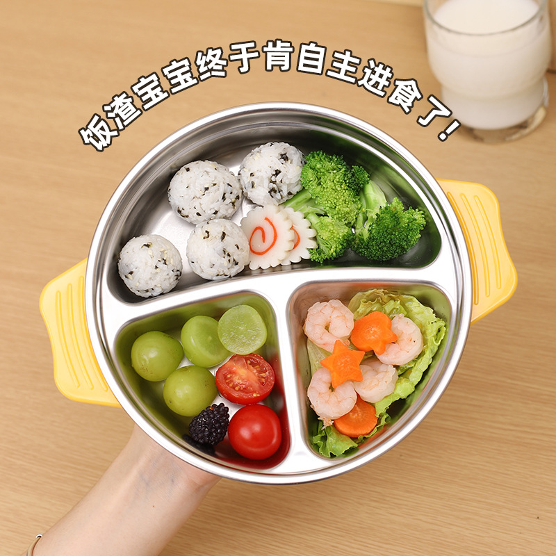 stainless steel children's tableware integrated compartment plate sucker fixed baby drop-resistant complementary food children's dinner plate wholesale Specification drawing