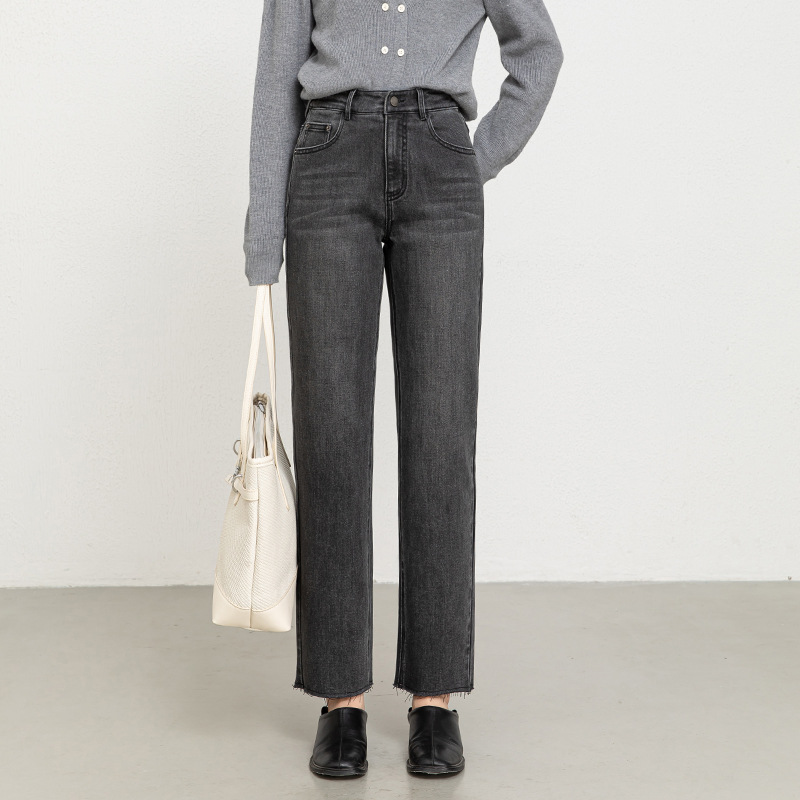 women's four-sided stretch jeans cropped straight 2025 autumn new high waist slimming frayed edge cigarette pants 8136 Item Picture