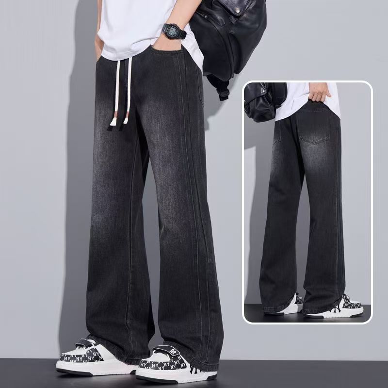skinny jeans men's 2025 new loose straight machete autumn and winter fleece-lined youth elastic waist long pants details Picture