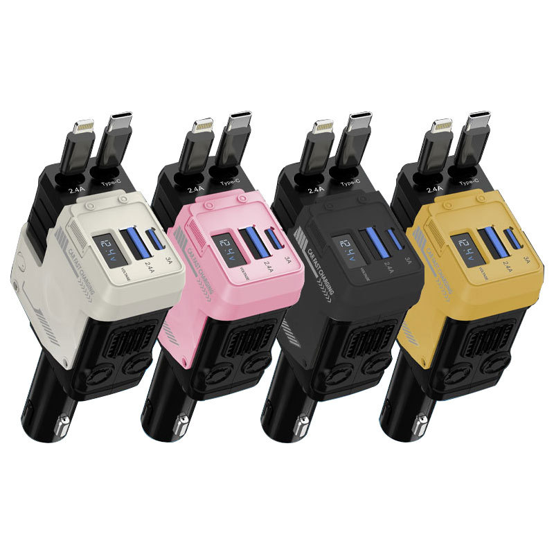 cross-border car charger super fast charge pd star light digital display one-to-four alloy flexible wire car charger Specification drawing
