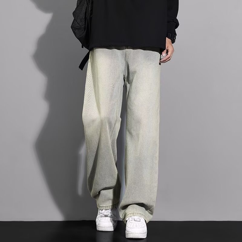 2025 new loose straight trousers washed vintage jeans men's high street wide leg versatile casual pants full figure