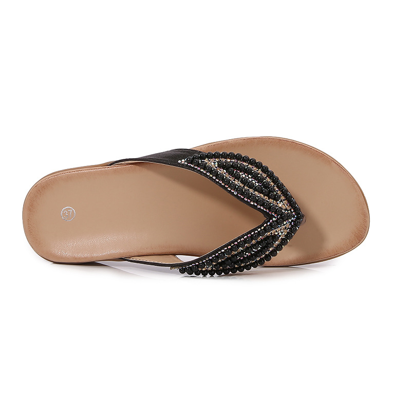 spring 2025 new bohemian sandals round toe flat bottom sandals women's rhinestone cross-border plus size women's sandals Specification drawing