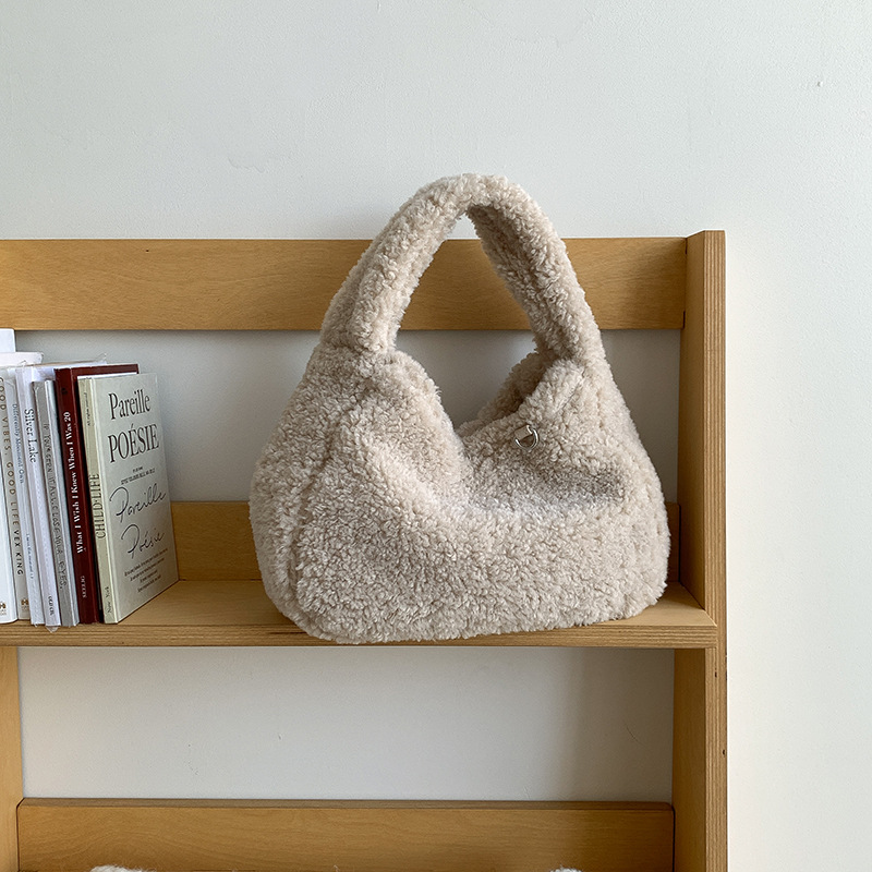 women's korean style autumn and winter large-capacity lambswool handbag commute minimalist fashionable teddy plush handbag Specification drawing