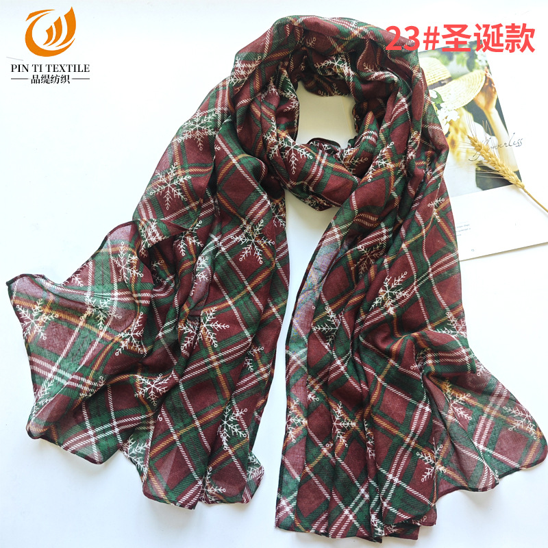 european and american christmas red and green snowman printing bali yarn scarf mid-length sunscreen beach towel wholesale pattern scarf Specification drawing