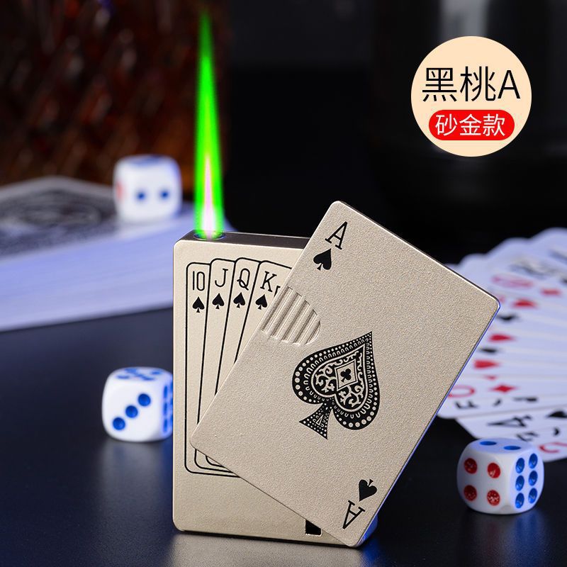 (full platform one piece dropshipping) playing cards mahjong green flame windproof lighter inflatable aw756 for boyfriend Item Picture