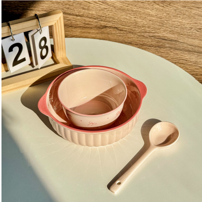 bowl ins bowknot bowl dish set rice bowl household ceramic bowl tableware good-looking rice bowl internet celebrity straw hat plate Item Picture