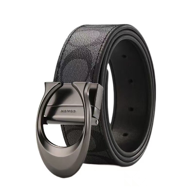 new high-end koujia belt business c pattern double buckle double-sided embossed pant belt gift box men's genuine leather casual belt details Picture