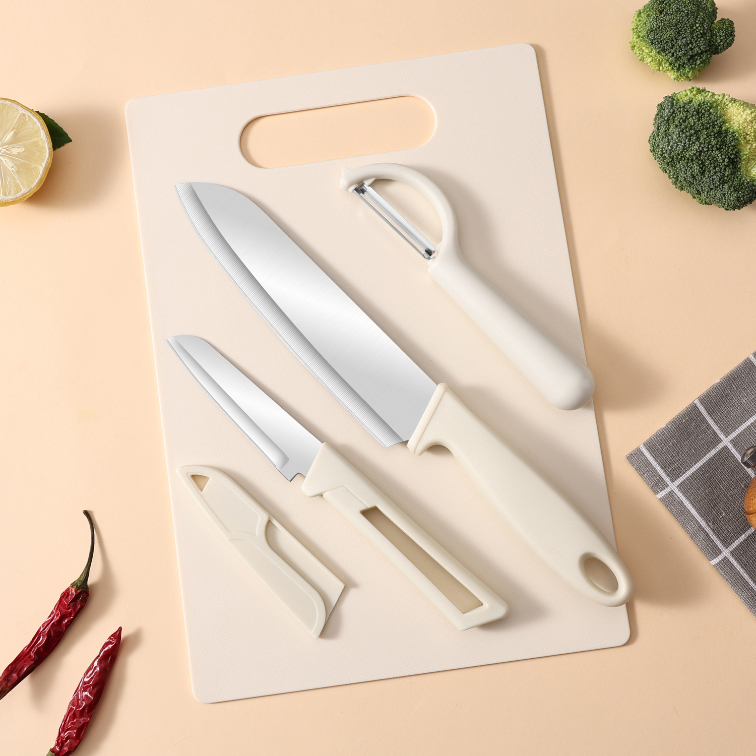 four-piece cutting board set in stock sst fruit knife cleaver two-in-one cutting board kitchenware set full figure
