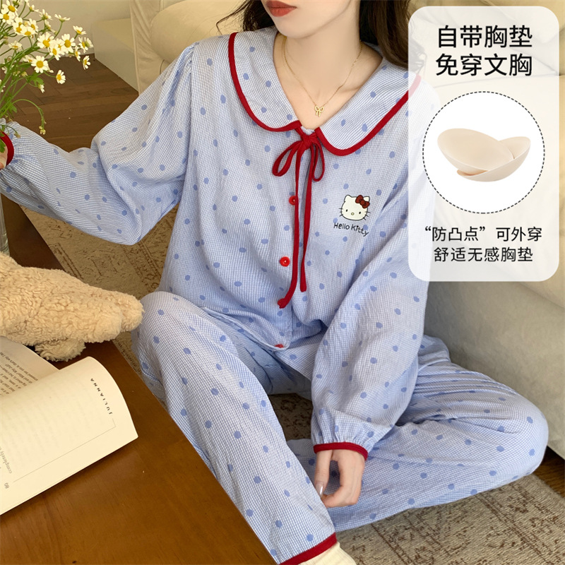 cloud cotton cute long sleeve pajamas women's spring and autumn with chest pad casual and sweet home wear thin suitable for daily wear suit Item Picture