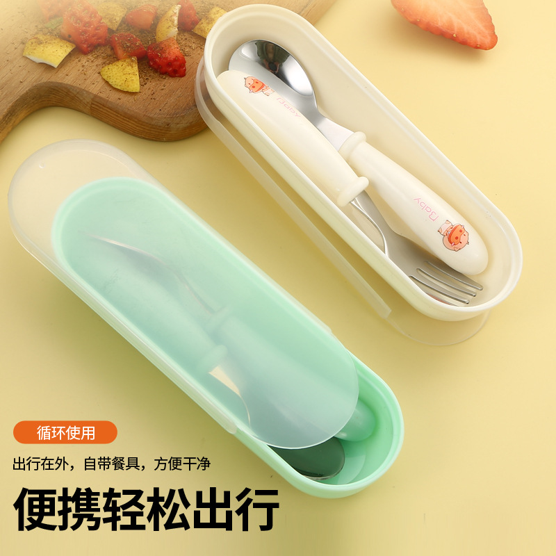 nordic cartoon 304 stainless steel child's spoon and fork box three-piece suit baby tableware maternal and child gift round handle spoon fork details Picture