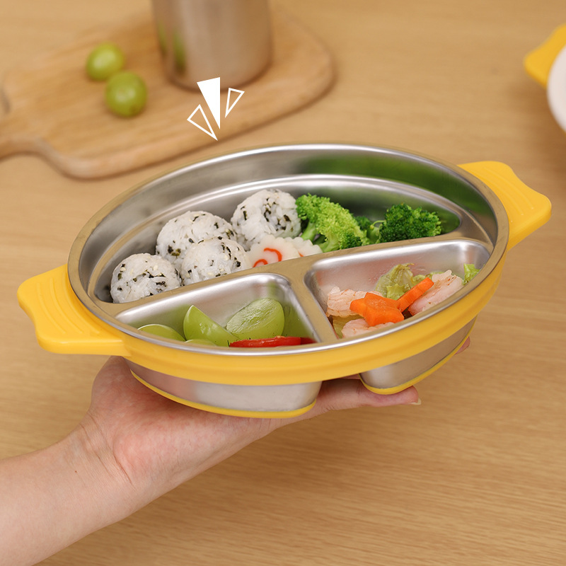 stainless steel children's tableware integrated compartment plate sucker fixed baby drop-resistant complementary food children's dinner plate wholesale details Picture