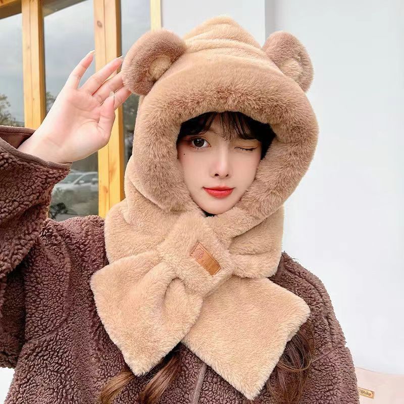 new bear hat scarf integrated female winter korean style all-matching thick warm riding electric car windproof earflaps Application Scenario