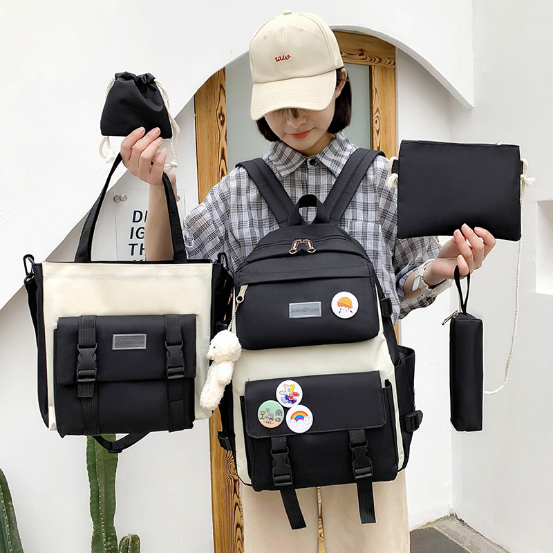 new five-piece schoolbag female korean primary school student high school student large capacity fresh and stylish backpack details Picture