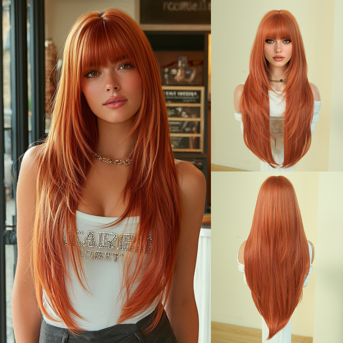 wig female fashion round face layers super long straight hair black full top wig straight bangs high quality chemical fiber full-head wig Application Scenario