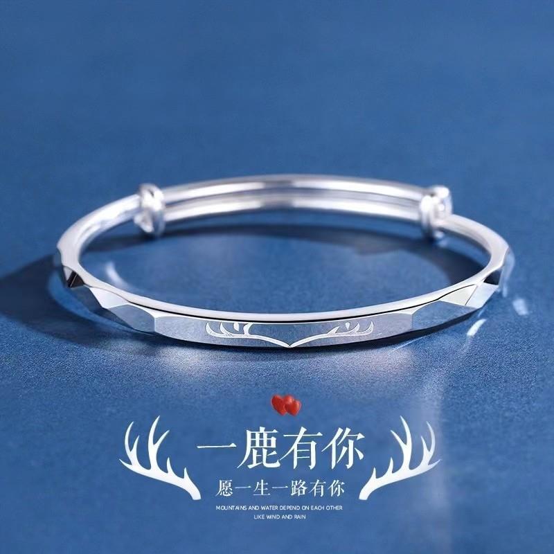 pure silver s999 sterling silver square lucky silver bracelet female young simple solid push-pull bracelet gift 520 Application Scenario
