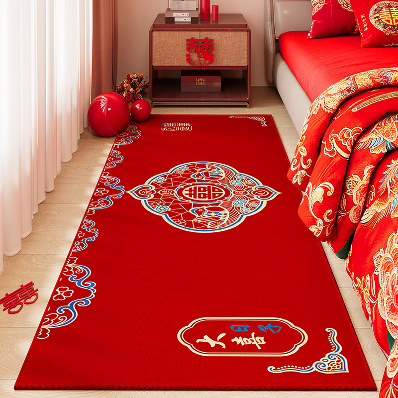 wedding carpet bedroom festive bedside blanket long wedding room red decorative floor mat household stain-resistant crystal velvet carpet details Picture