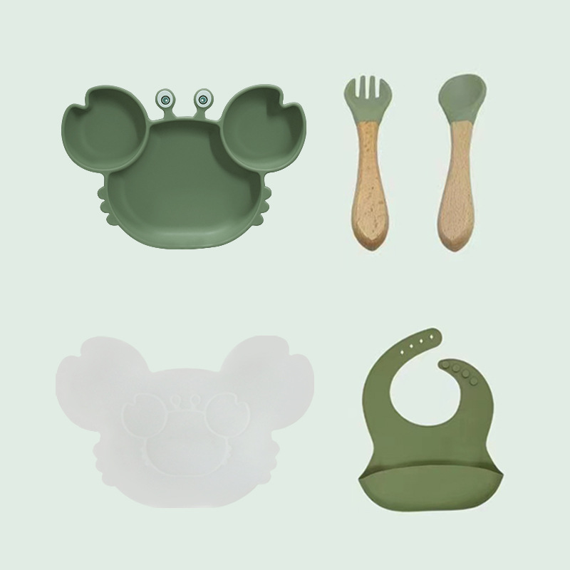 children's tableware set compartment dinner plate silicone baby drop proof suction cup solid food tools feeding spork food grade Specification drawing