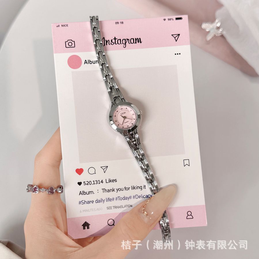 godi pink watch collection quartz waterproof ins style light luxury metallic belt design sense peach high sense simple Item Picture