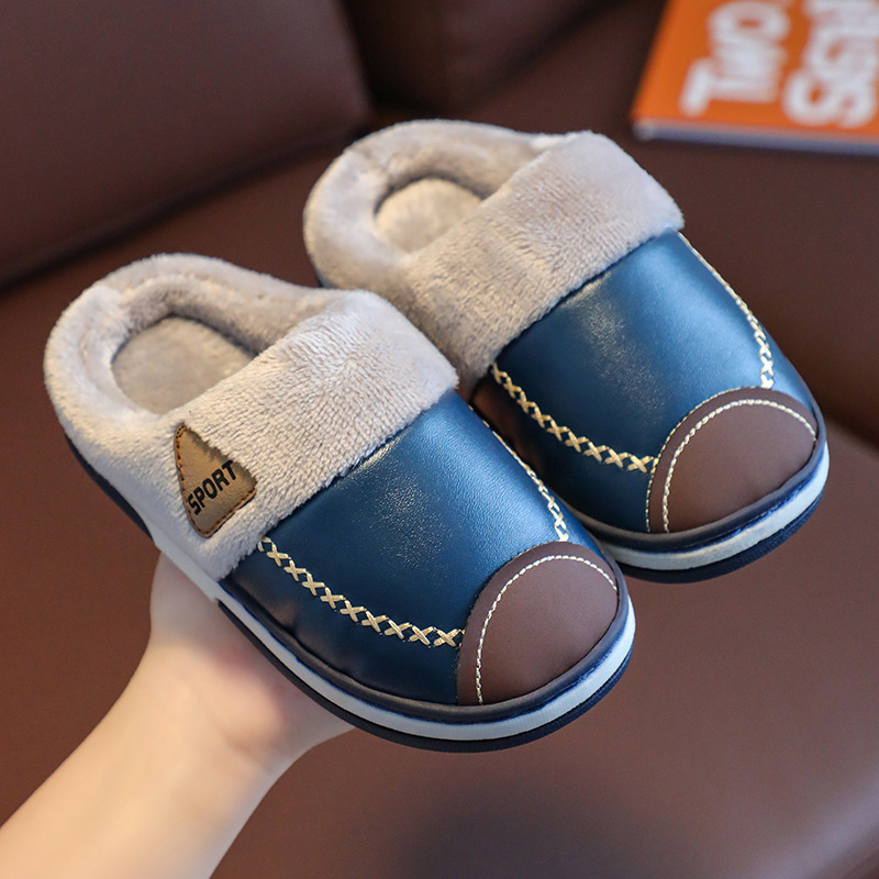 children's cotton slippers parent-child male and female baby large, medium and small pu waterproof parent-child interior home thermal soft soled non-slip Item Picture