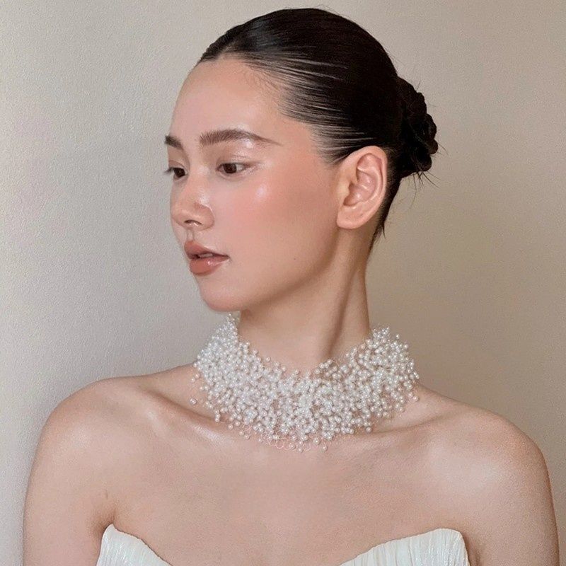 French retro multi-layer beaded necklace, personalized transparent fishline collarbone chain, elegant bride wedding dress necklace detail image 2