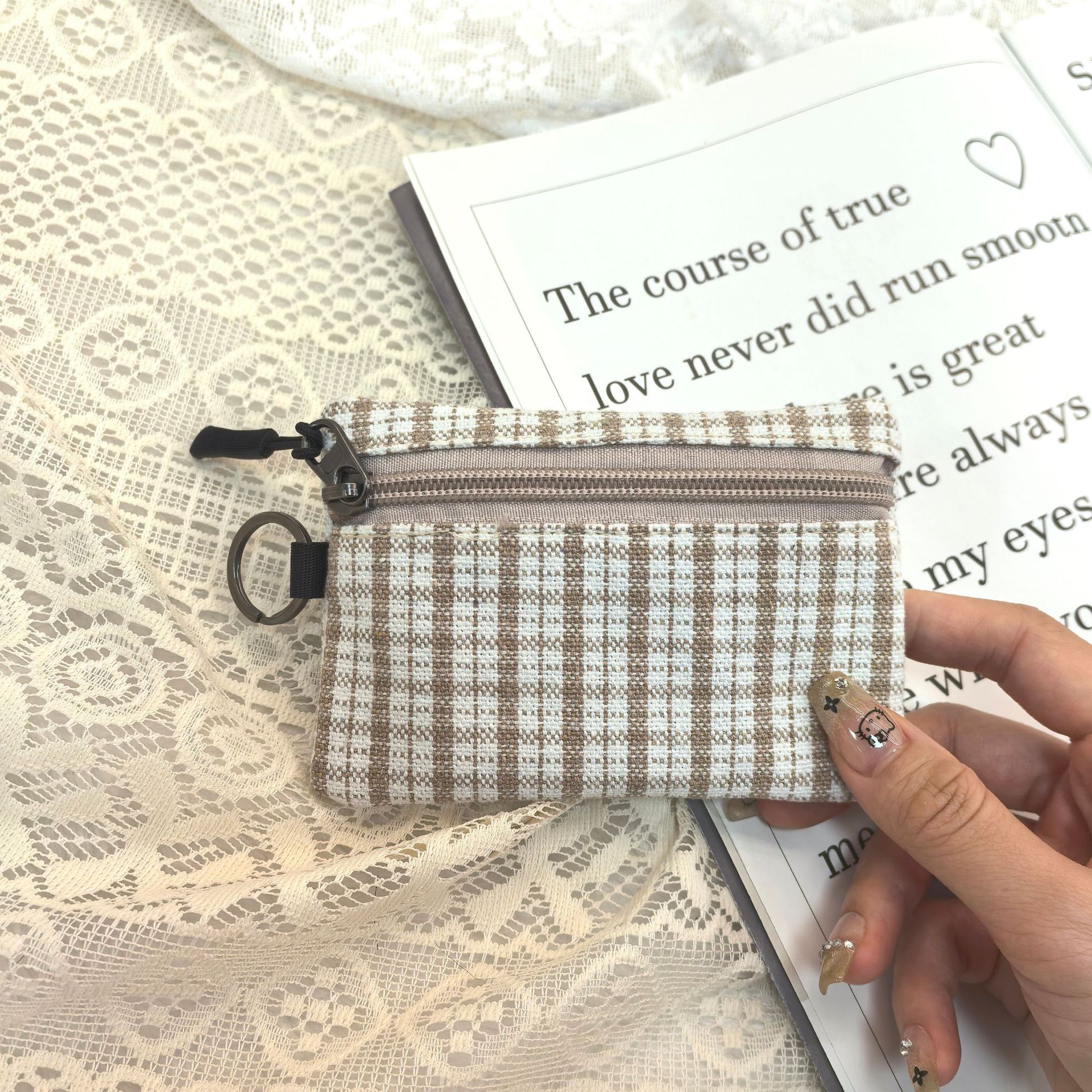 new simple plaid canvas coin purse details Picture