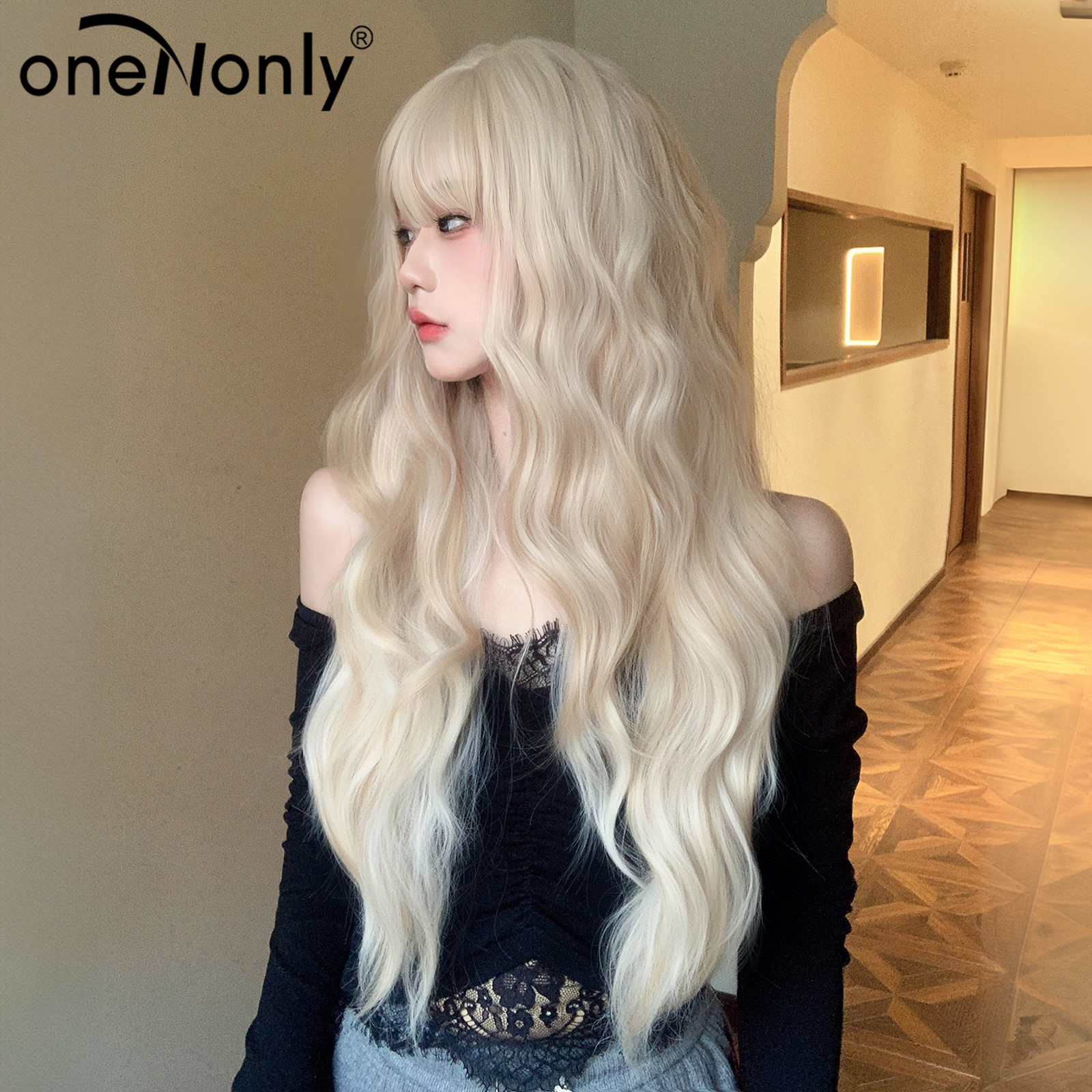 korean wig women's long curly hair bangs big wave simulation natural white gold color woven chemical fiber silk realistic wig full figure