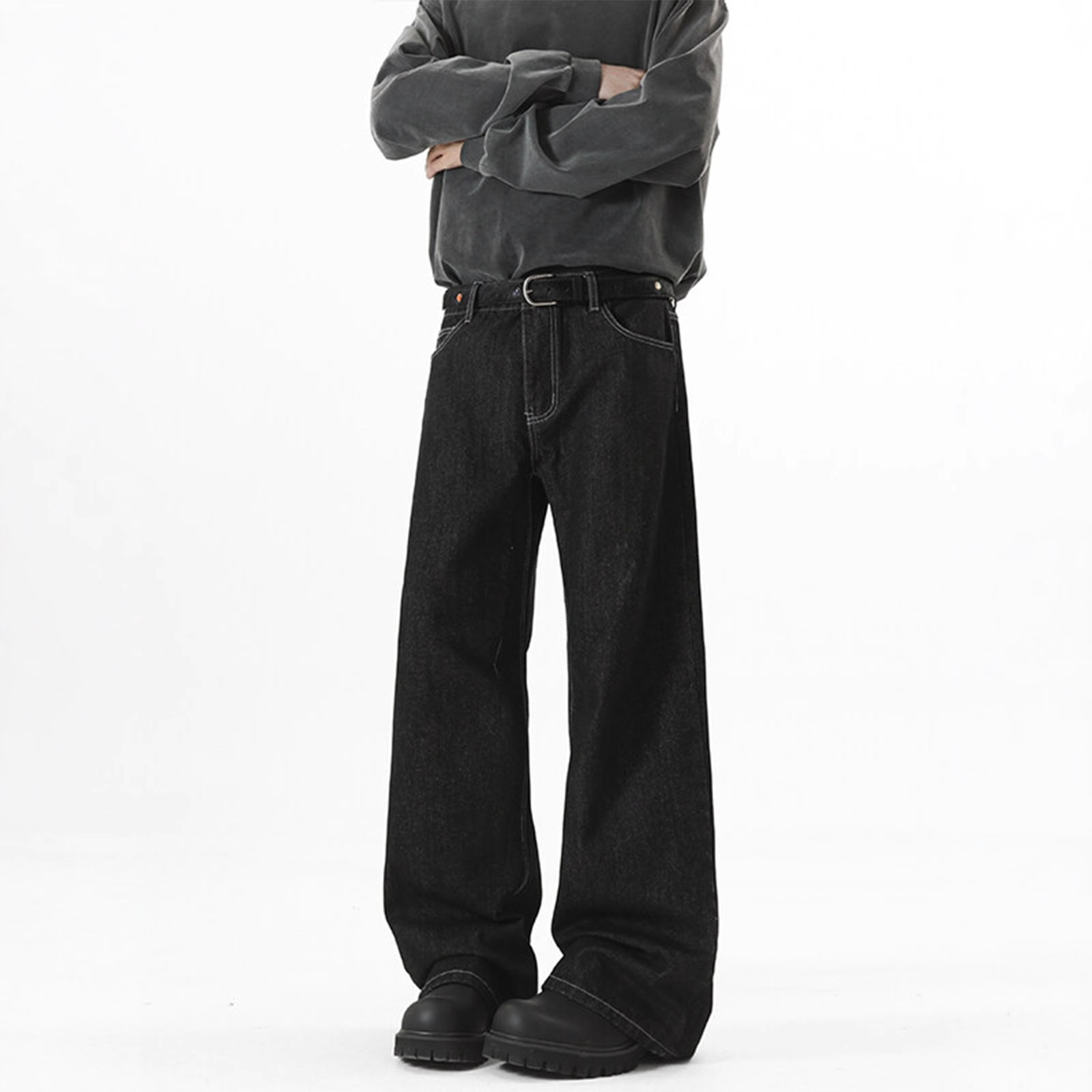 denim primary color wide leg jeans men's autumn american high street loose trousers cleanfit washed mop pants Item Picture