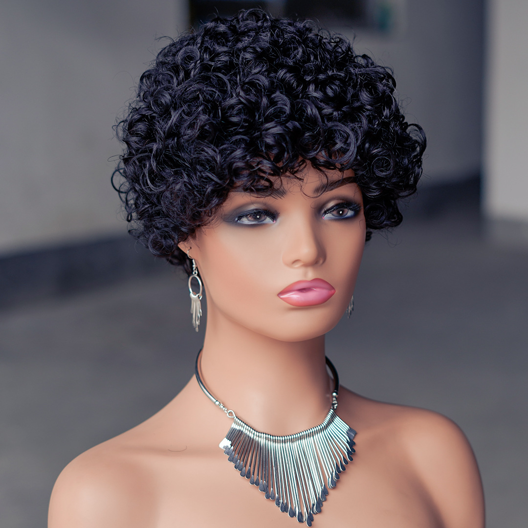 piaoxiu factory elf wig african short full-mechanism real person small curly wig human hair wig Item Picture
