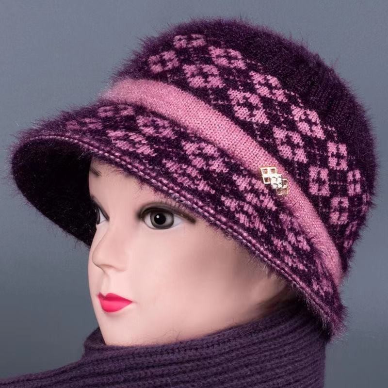 middle-aged and elderly mother rabbit fur knitted hat women's autumn and winter fashion all-matching fleece-lined warm beret woolen cap details Picture