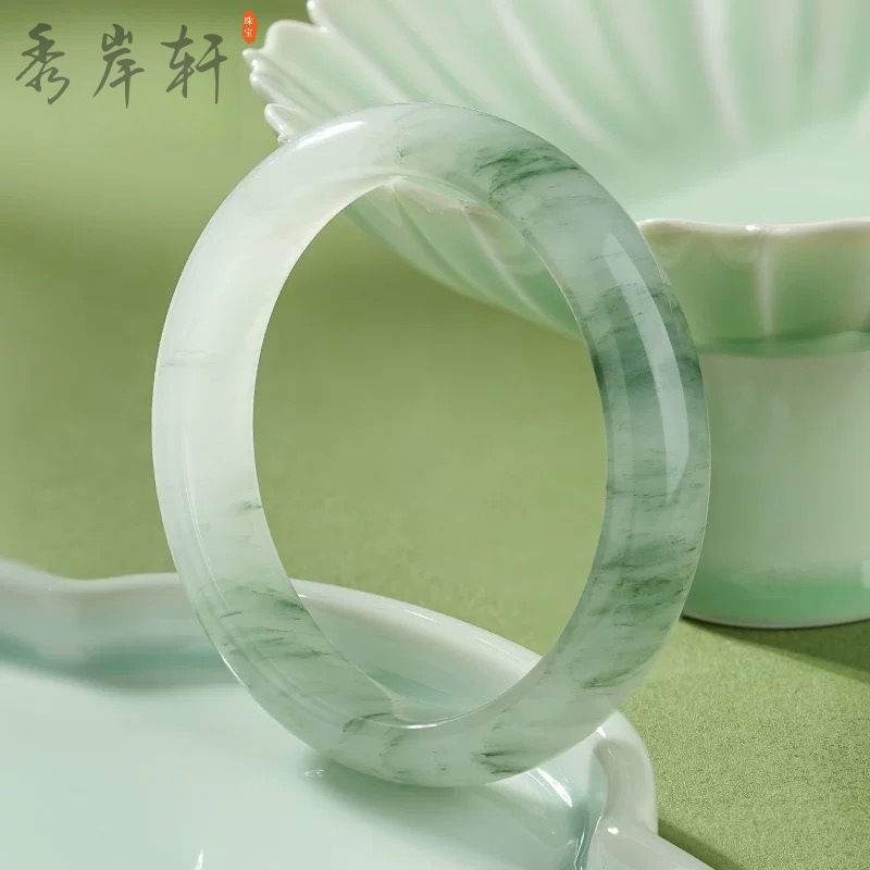 natural tianshan emerald bracelet ice-like floating flowers jade flat for gao bing jade bracelet mori style gift jade bracelet wholesale full figure
