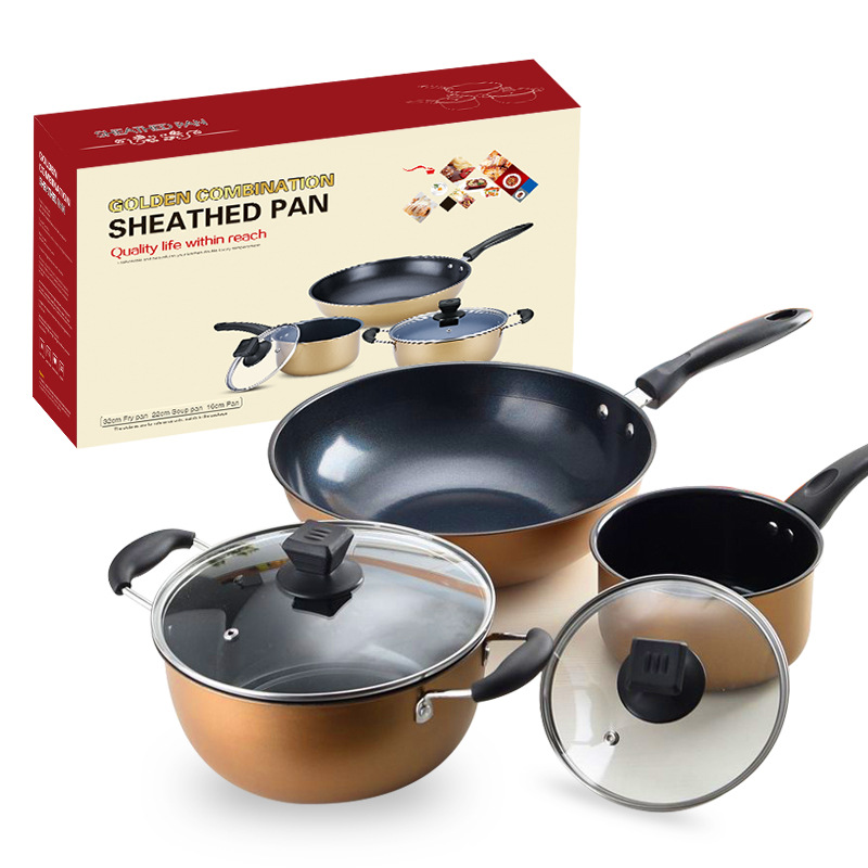 customized three-piece kitchen cookware combination set pot wok frying pan soup pot milk pot promotional gift customization details Picture