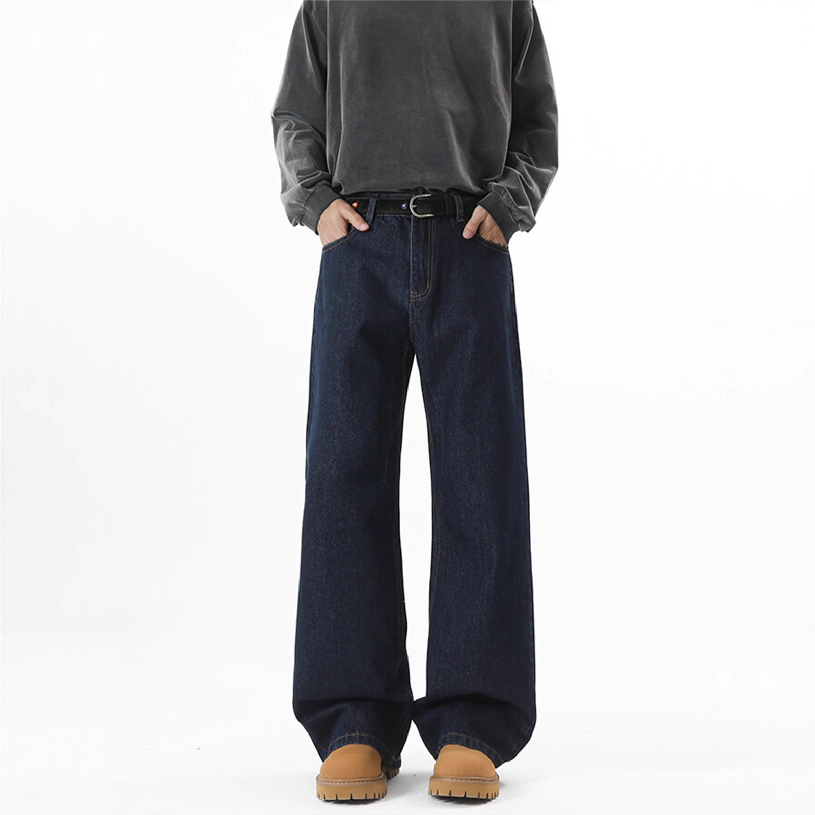 denim primary color wide leg jeans men's autumn american high street loose trousers cleanfit washed mop pants full figure